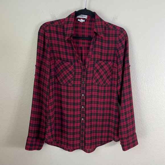Express Portofino Shirt Womens Small Plaid Roll Tab Sleeve Slim Fit Blouse Top - Picture 1 of 7
